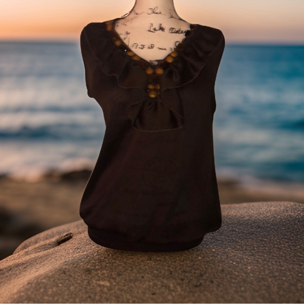 Sushi Flower Beaded Ruffled Sleeveless Blouse